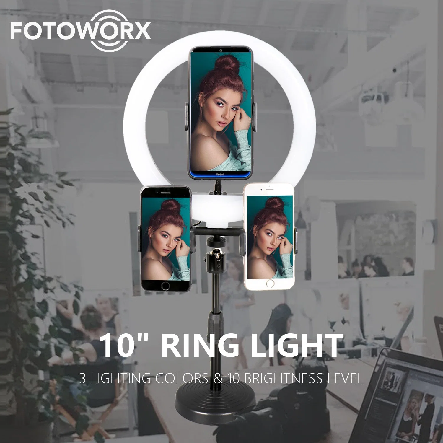Desktop 10 Polegadas luz circular LED para perfazer Self-Photography