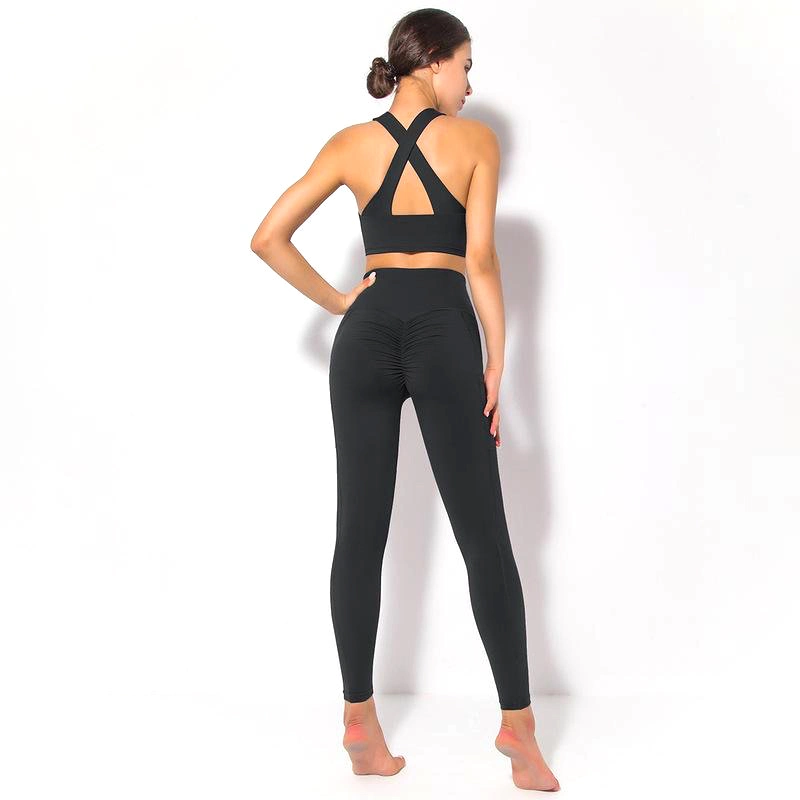 Amanon Fashion Trendy Slim Fit Women Workout Outfit 2 Pieces X-Back Stretch Sports Bra and Ruched Scrunched Butt Yoga Leggings with Pockets Gym Clothes Set