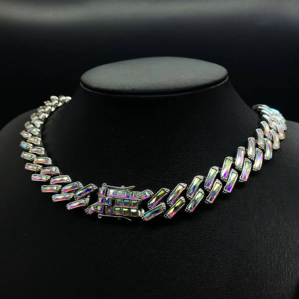 Hip Hop Cuban Chain Rhinestone Bracelet Ab Colored Glass Necklace for Men and Women