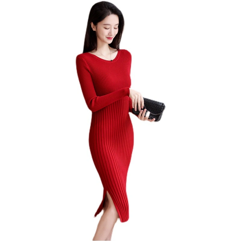 Wholesale Ladies Sweater Dress Split Fork Hip Long Dress