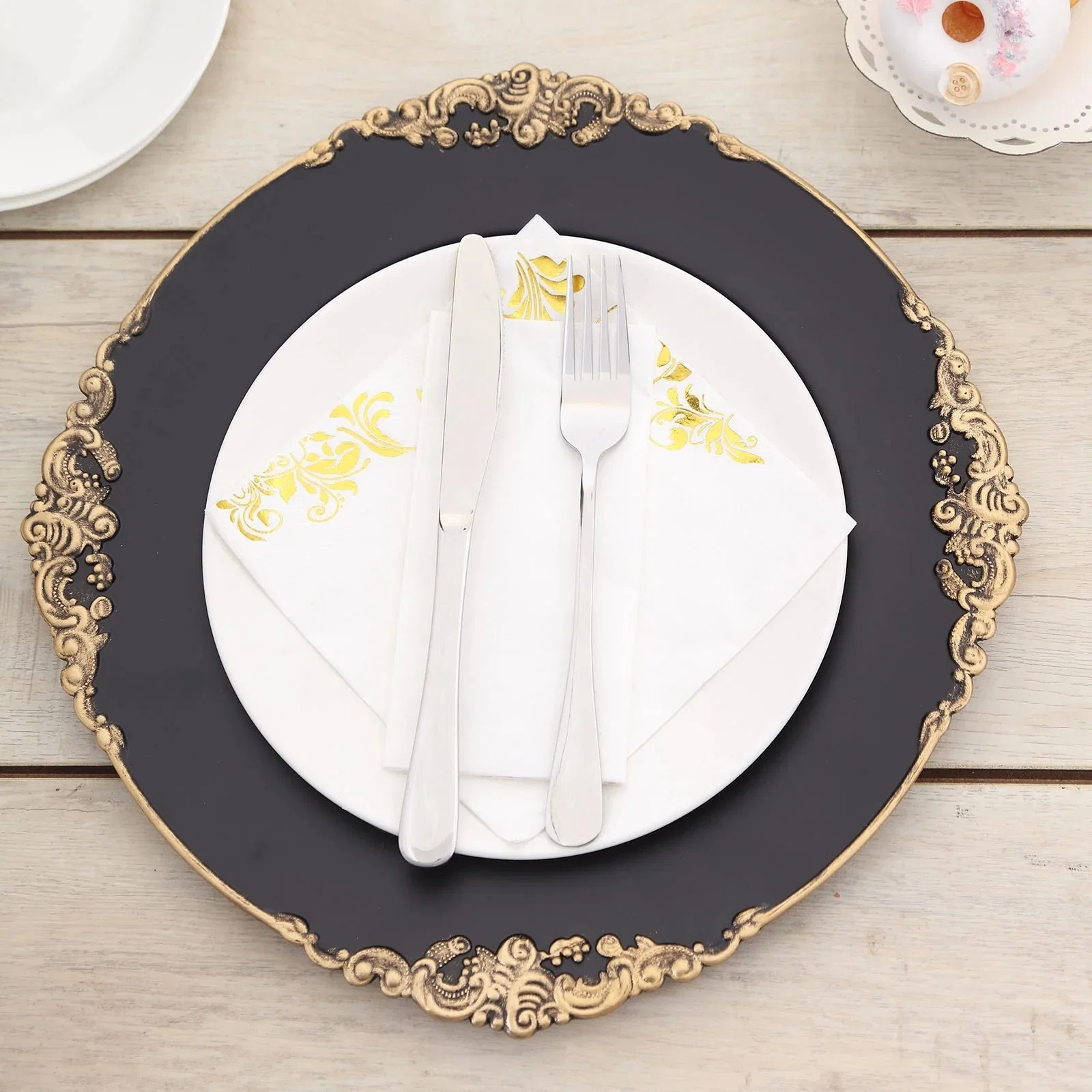 13"Baroque Gold Embossed Luxury Reef Event Decor Charger Plates with Antique Design Rim