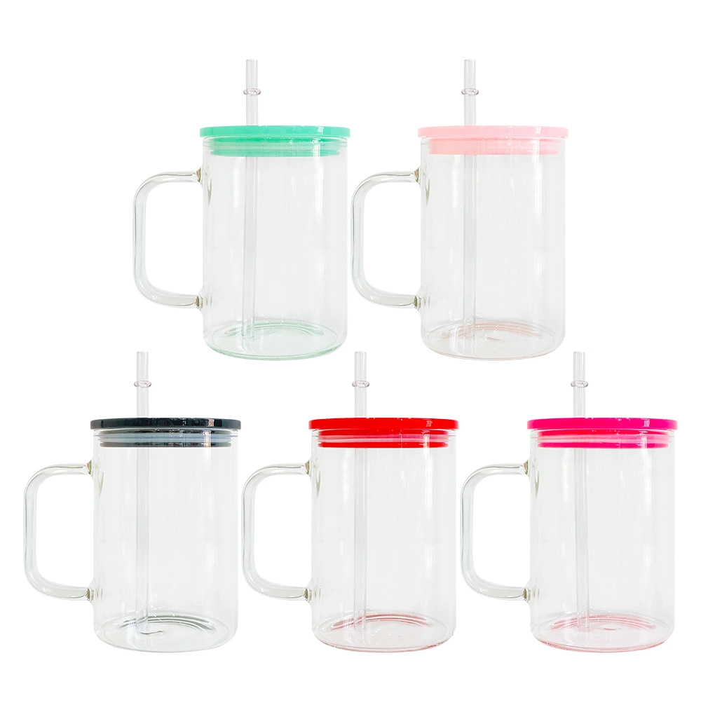 17oz USA Warehouse Wholesale Blank Sublimation Crystal Clear Frosted High Borosilicate Glass Camper Mugs with Colored Plastic PP Lids and Straws