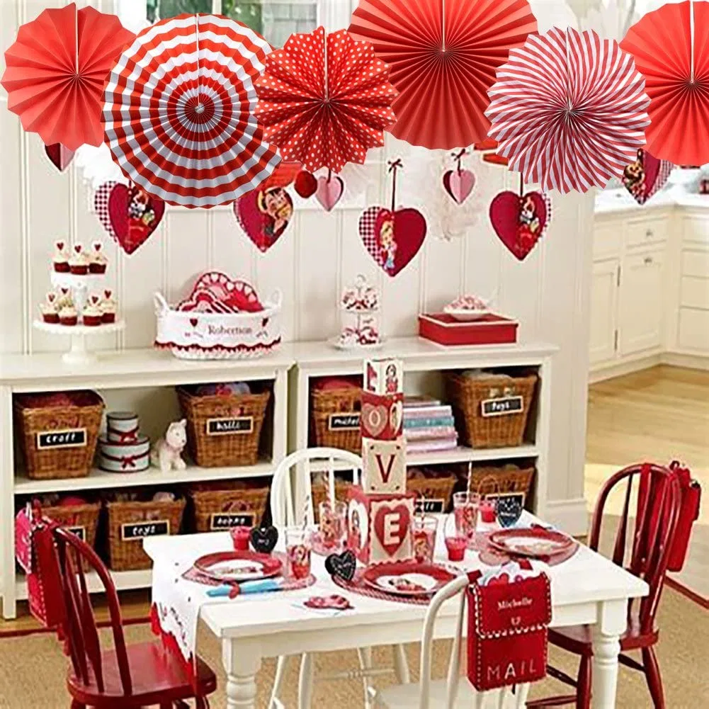 Red Colorful Handmade Hanging Indoor Mix Size Pleat Paper Fan for Christmas New Year Party Decoration