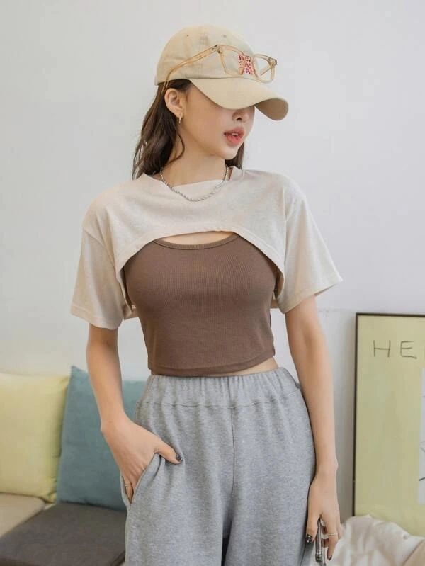 2022 Latest Style Plain Color Two-Piece Women's Top Summer Vest T-Shirt Two-Piece Casual Comfortable Sports Wind Ladies Crop Top