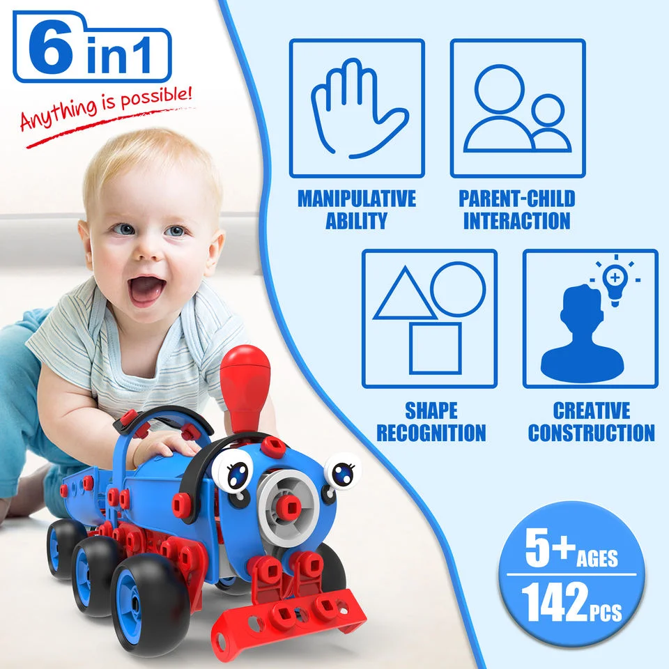 142PCS 6-in-1 DIY Building Kit Educational Construction Play Set Children Fine Motor Skill Training Creative Robot Vehicle Screw and Nut Assembly Kids Stem Toy