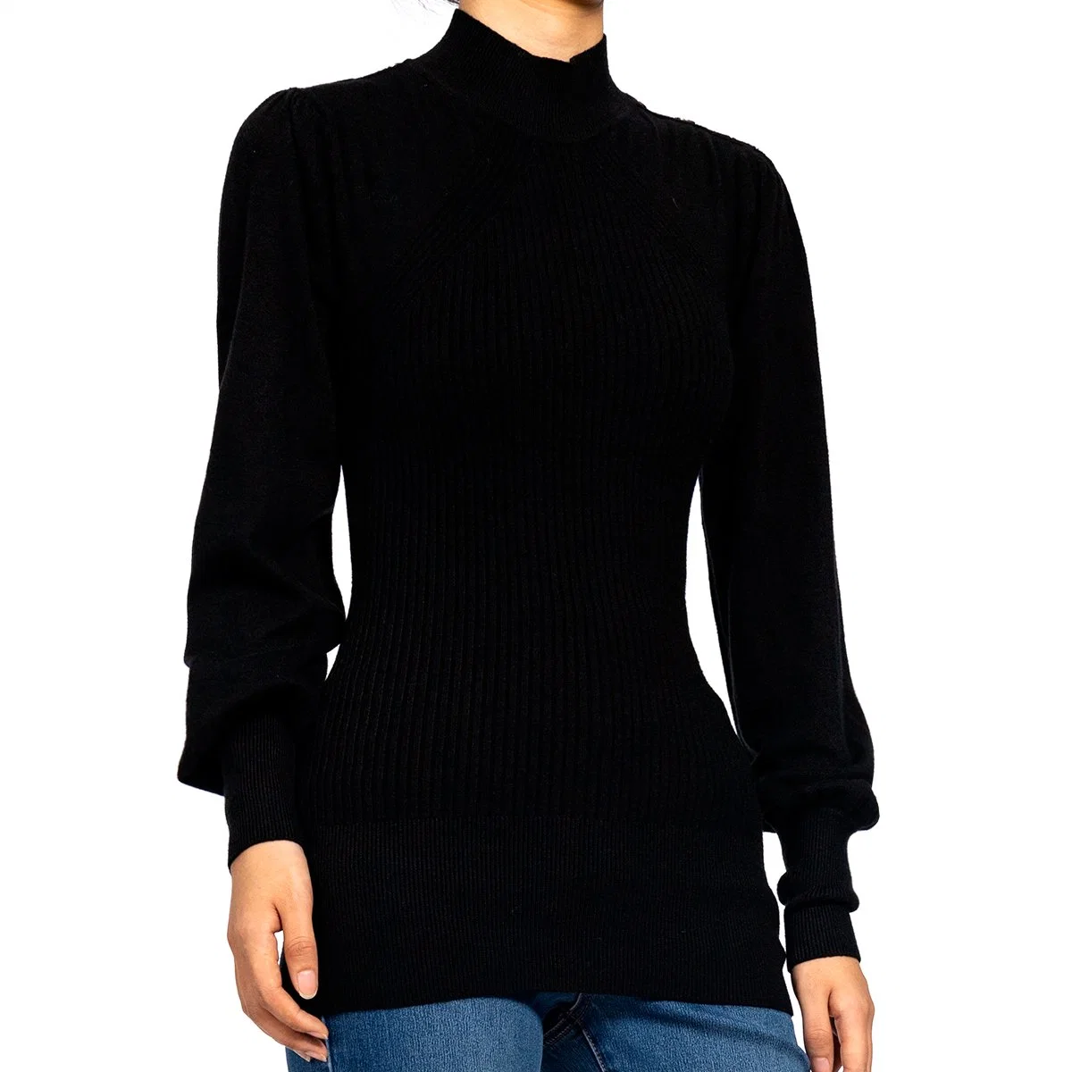 Black Slim Long Sleeve MID Tall Ribbed Fall Sweater for Women