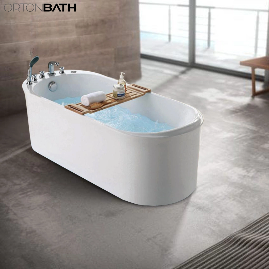 Ortonbath Oval Adult Acrylic Freestanding Hot Swim SPA Bathtub Bath Tub Freestanding Palstic Sanitary Ware Bathtub with Shower Sets