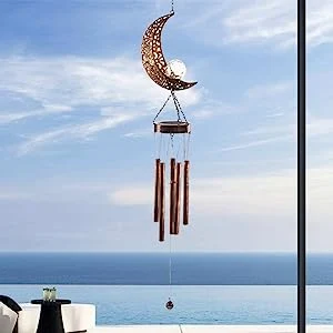 Solar Wind Chimes Home Decoration, Moon Wind Chime Crackle Glass Ball Warm LED Night Light, Unique Hanging Outdoor Decor with Metal Tubes Waterproof for Garden