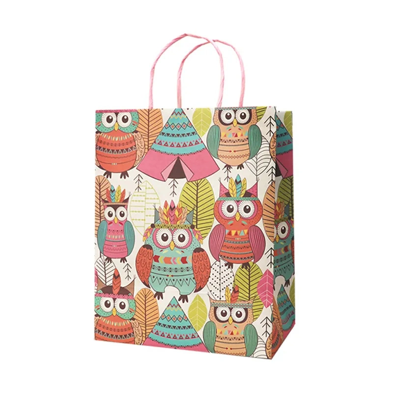 Custom Eco Friendly Cartoon Printed Colorful White Kraft Paper Bag Gift Paper Bag with Twisted Paper Handle