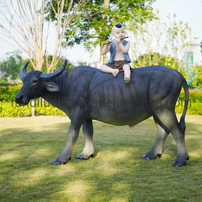 Simulated Shepherd Boy Riding Buffalo Sculpture Ornaments Cattle Outdoor Garden Landscape Farming Decoration Large Fake Animal Model