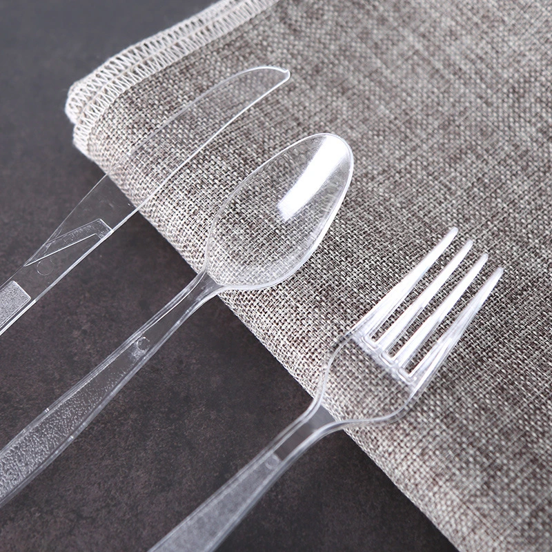 French Disposable Plastic Tableware Transparent Knife Fork Spoon Three-Piece Set PS Material (F-450)