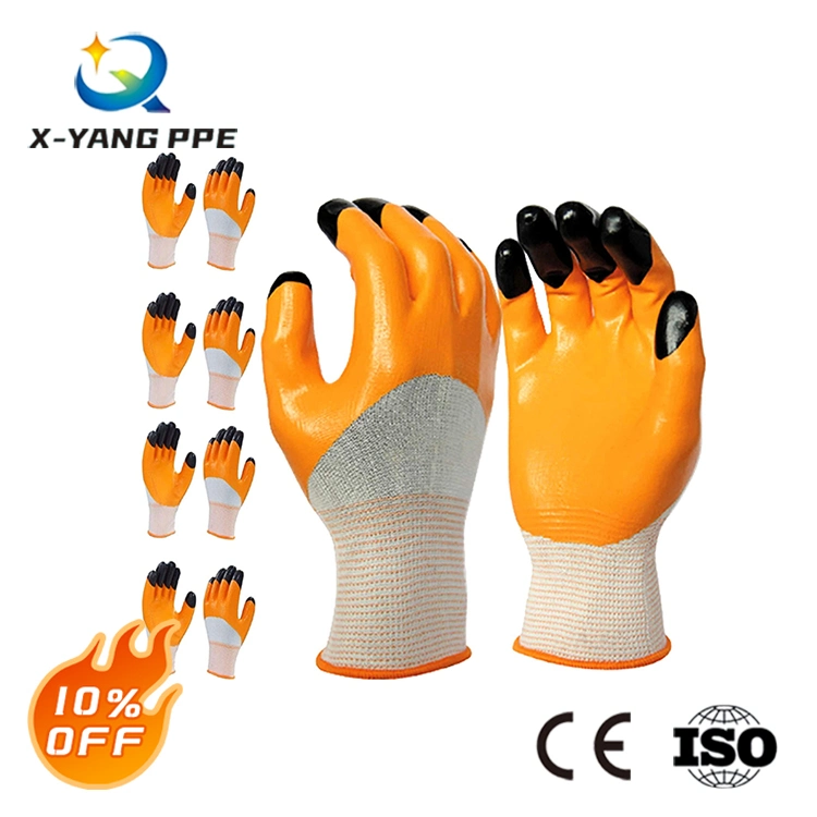 Factoryshop Polyester Lining 3/4 Half Nitrile Dipped Coated Strengthen Finger Tips Reinforced Hand Work Safety Breathable Gloves
