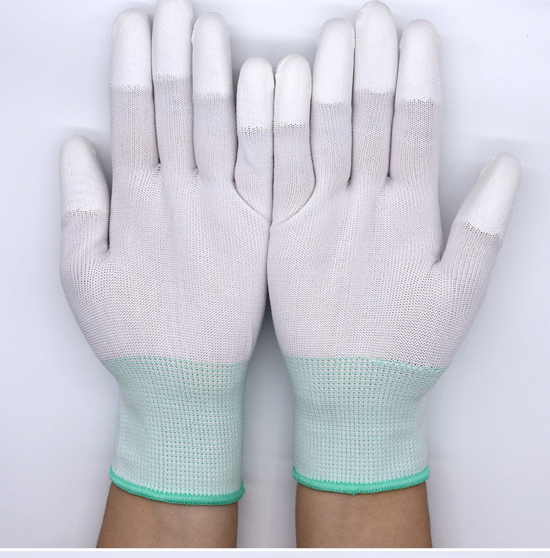 White Nylon Labor Protection Non-Slip PU Finger Top Coated Gloves