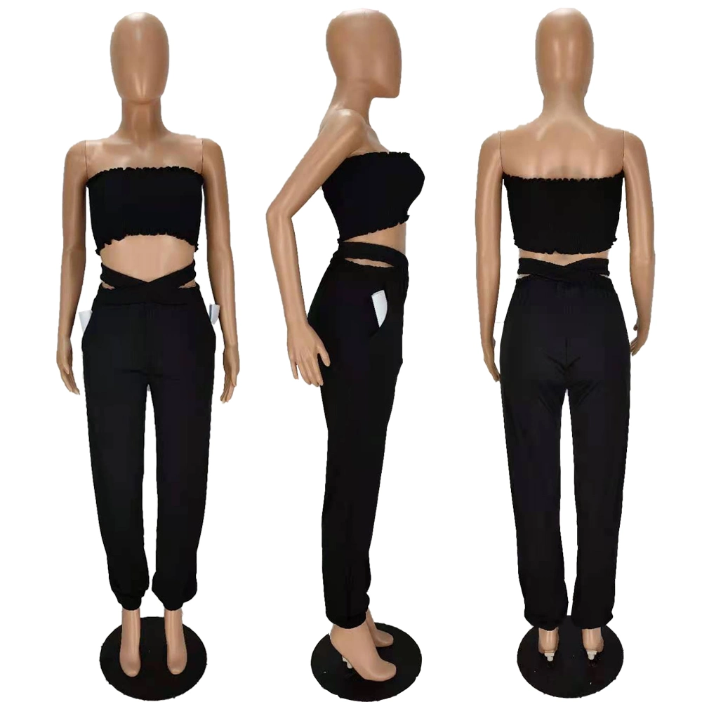 L285309 Summer Casual Women's Clothing 2-Piece Set Fashion Sexy Tube Top and Cross Trousers with Pockets