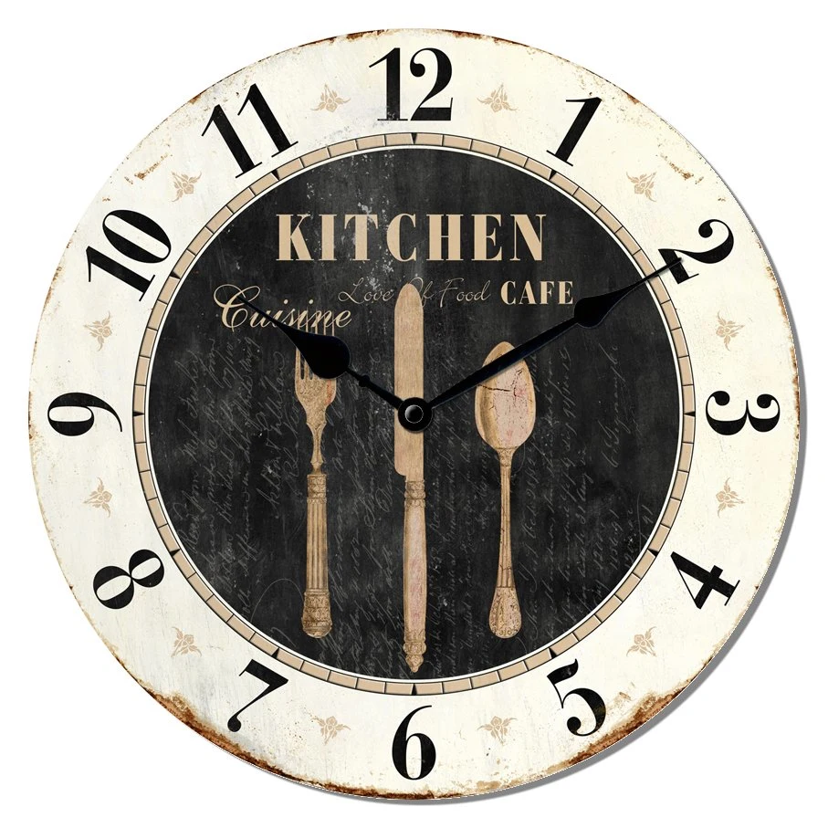 Promocional 13,3inch 34cm Ronda decorativa MDF papel reloj de pared pequeño Reloj de pared de madera Quart Step