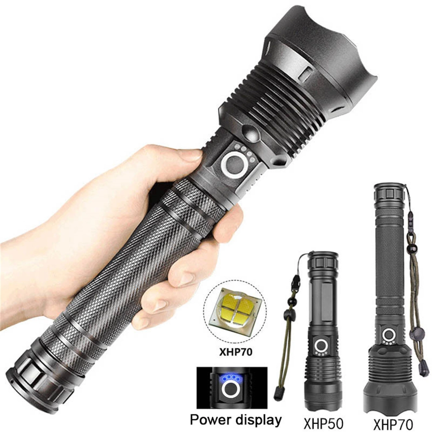 1000 Lumens Lanterna tática recarregável Xhp resistente à água50 Wysiwyp Lanterna de exterior super brilhante de luz com Mostrador de Potência