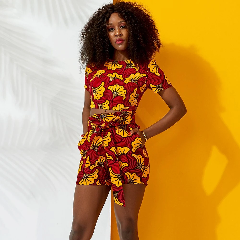 African Women Short Sleeve and Ankara Shorts 2 Piece Set Clothing