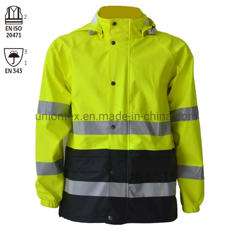 Mens Hi Vis Visibility Viz Work Safety PU Rain Jacket Hooded Waterproof Jacket