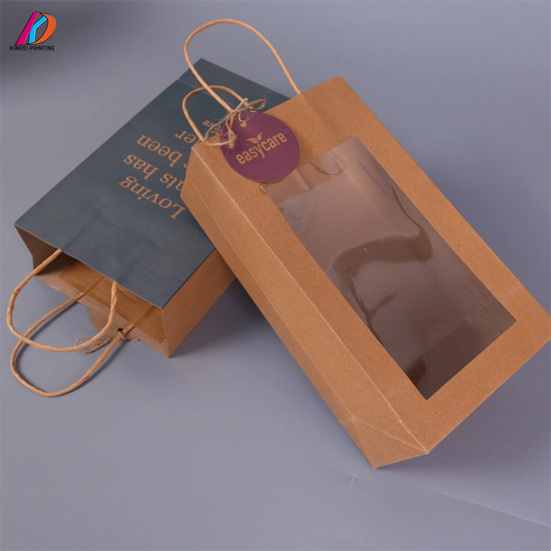 Customized Kraft Shopping Paper Packaging Bag with Clear PVC Window and Length Handle