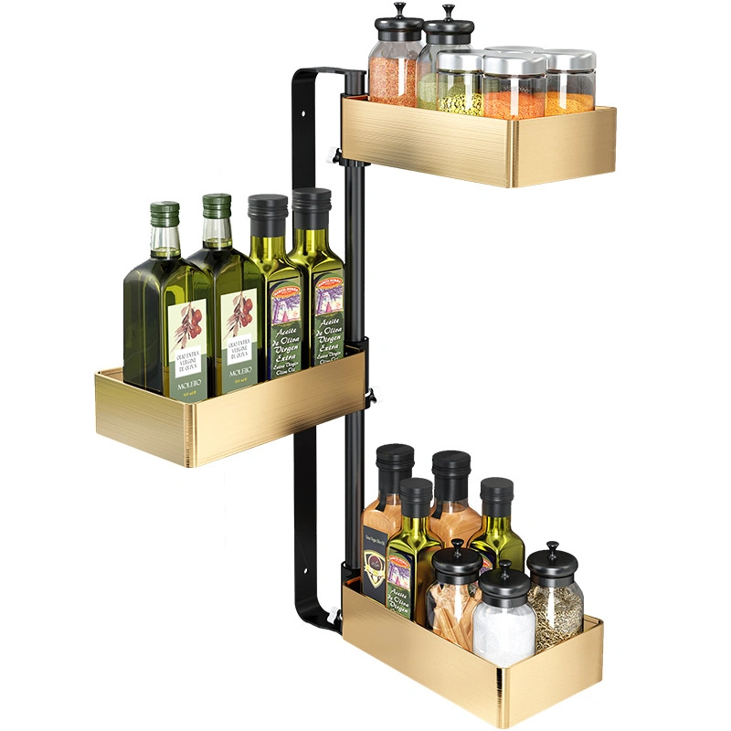 Wall Mounted Gold Kitchen Multi-Functional Corner Shelf 3 Tier Revolving Organizer for Spice and Seasoning