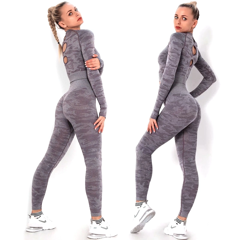 Cute Cut out Back Black Winter Tracksuit Seamless Athletic Garments for Women, Camo Pattern Knit Long Sleeve Top + Stretchy Leggings Exercise Clothes