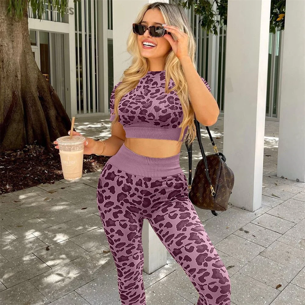 2022 Seamless Leopard Crop Tops Women Yoga Suit Gym Fitness Sportswear Tracksuit Workout Set for Outfit Active Wear