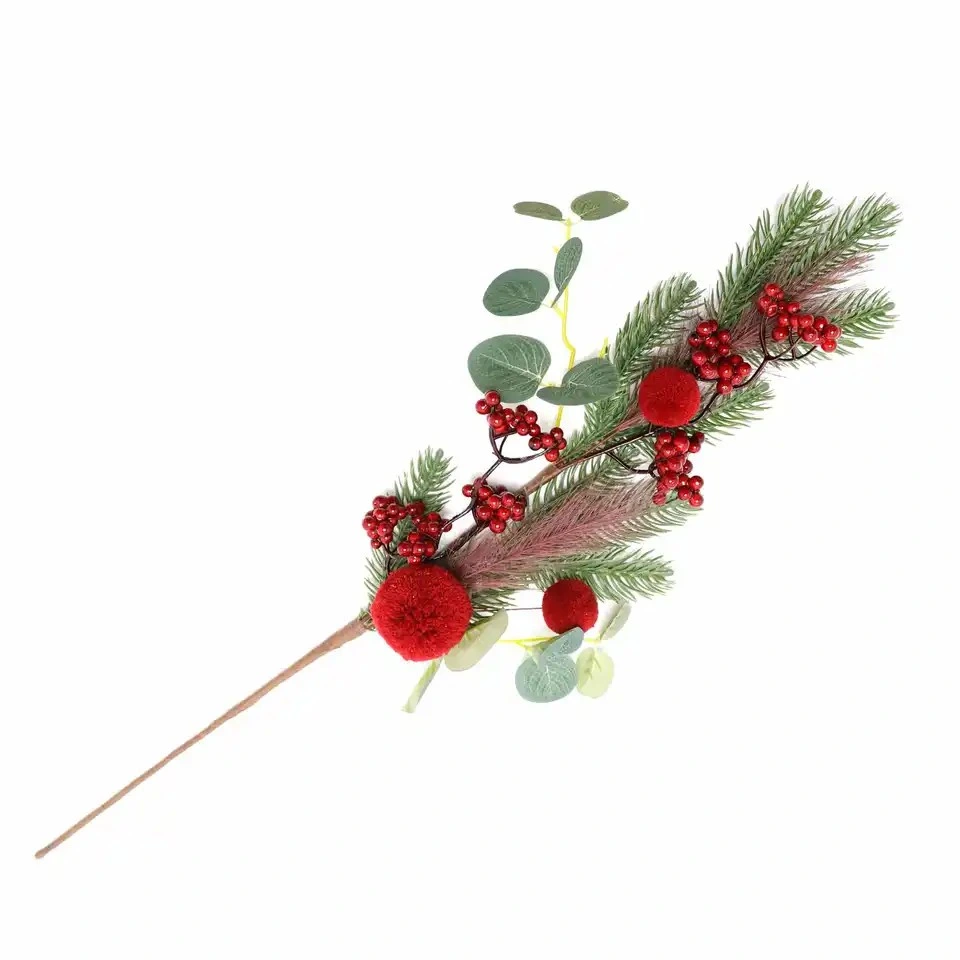 Artificial Cranberry Branches Christmas Pick Wool Balls Holly Stems Craft Winter Floral Christmas Decorations