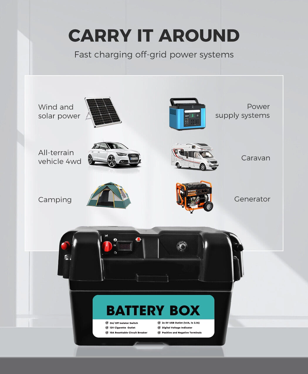 Portable 12V 2X USB & Cig Socket Fits Most Deep Cycle Battery Box