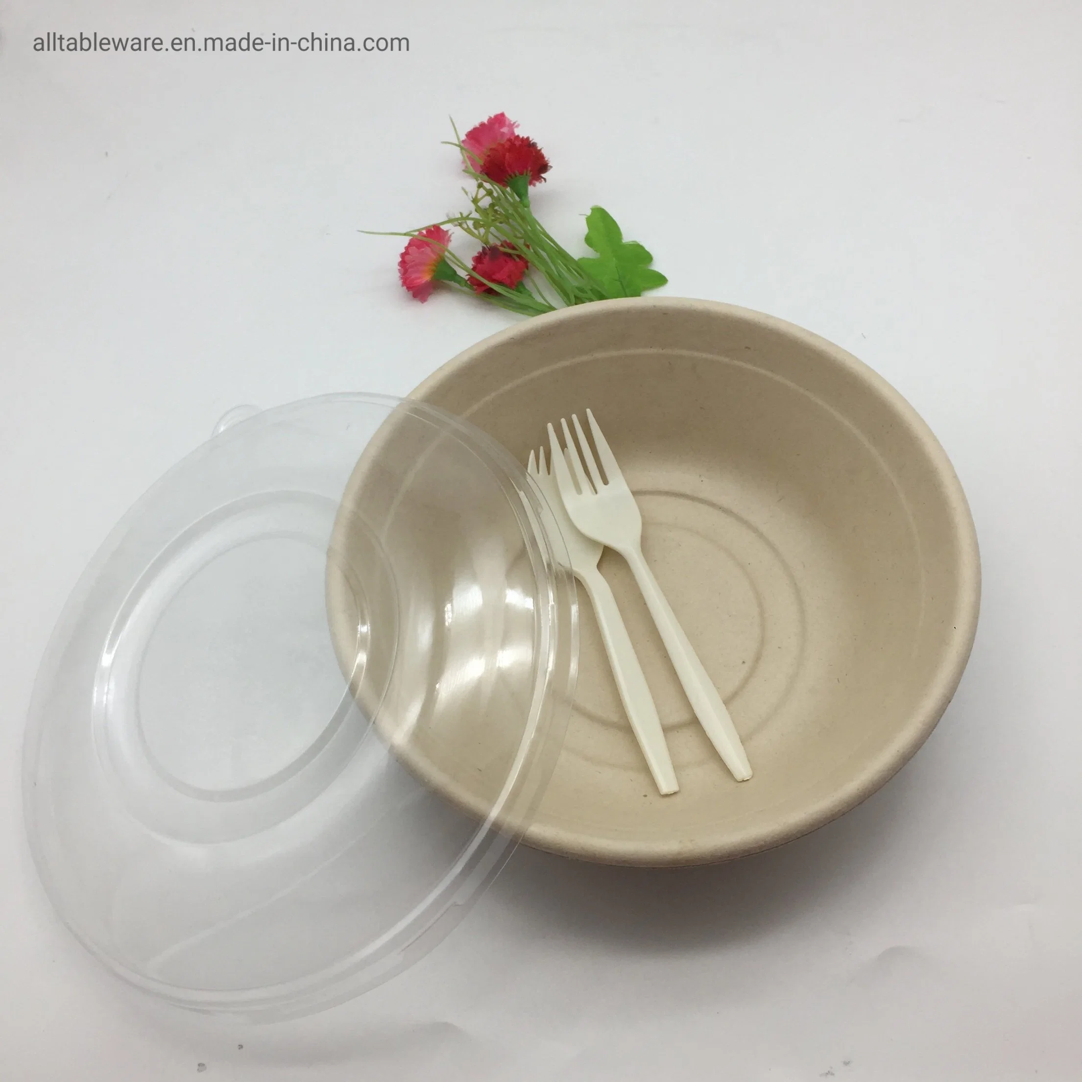 Biodegradable Sugarcane Bagasse 1000ml Round Container of Salad Bowl with Clear Cover