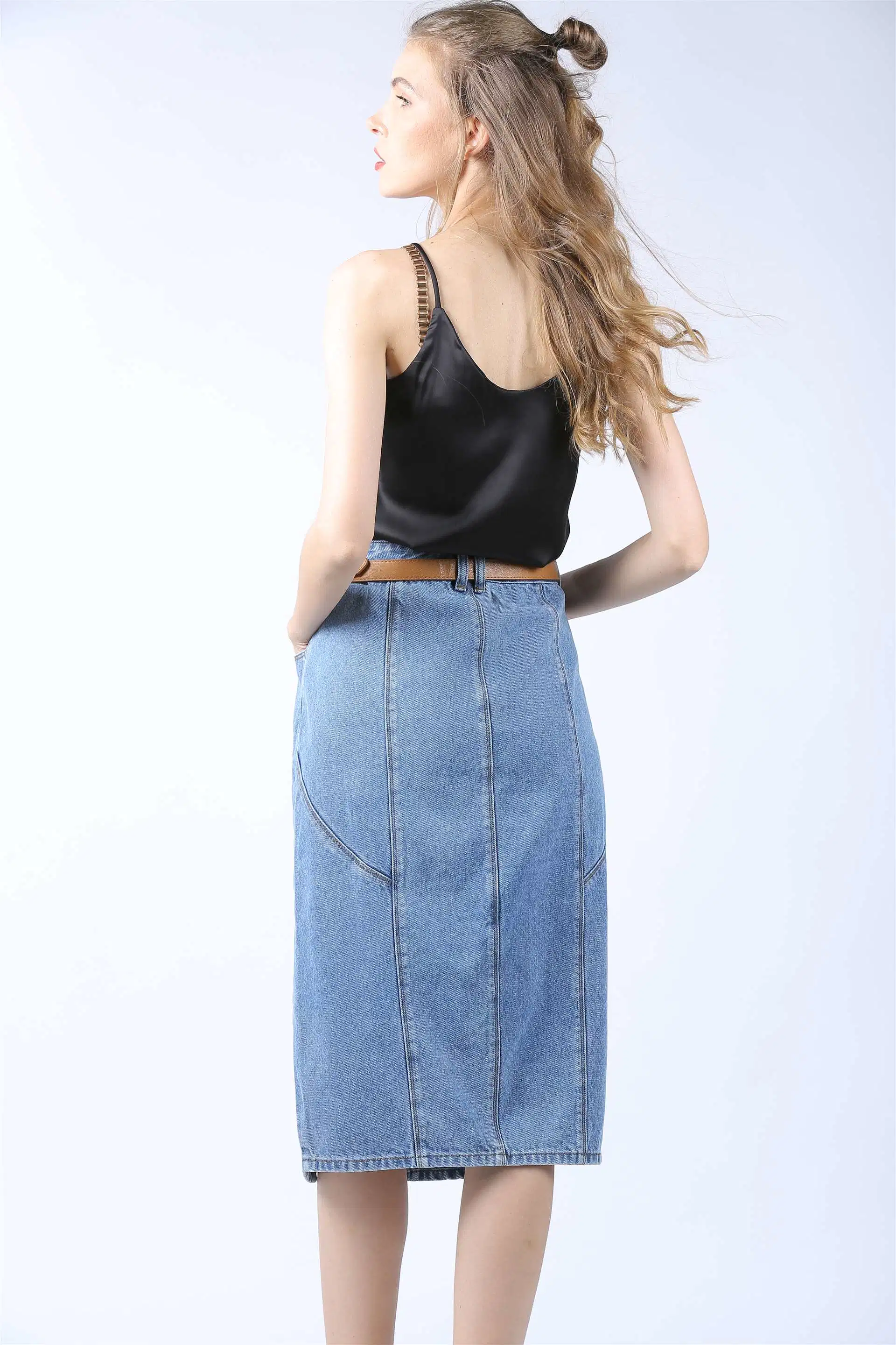 Hot Summer Ladies a-Lined Enzyme Wash Denim Slit Skirts