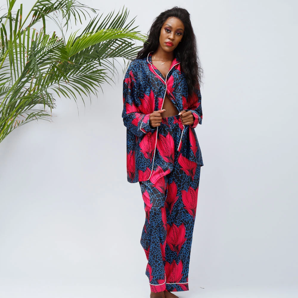 African Print Satin Fabric Fashion Sexy 2 Pieces Long Sleeve Pajamas Women Sleepwear