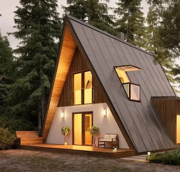 Maison triangulaire moderne de luxe préfabriquée avec décoration de mobilier.