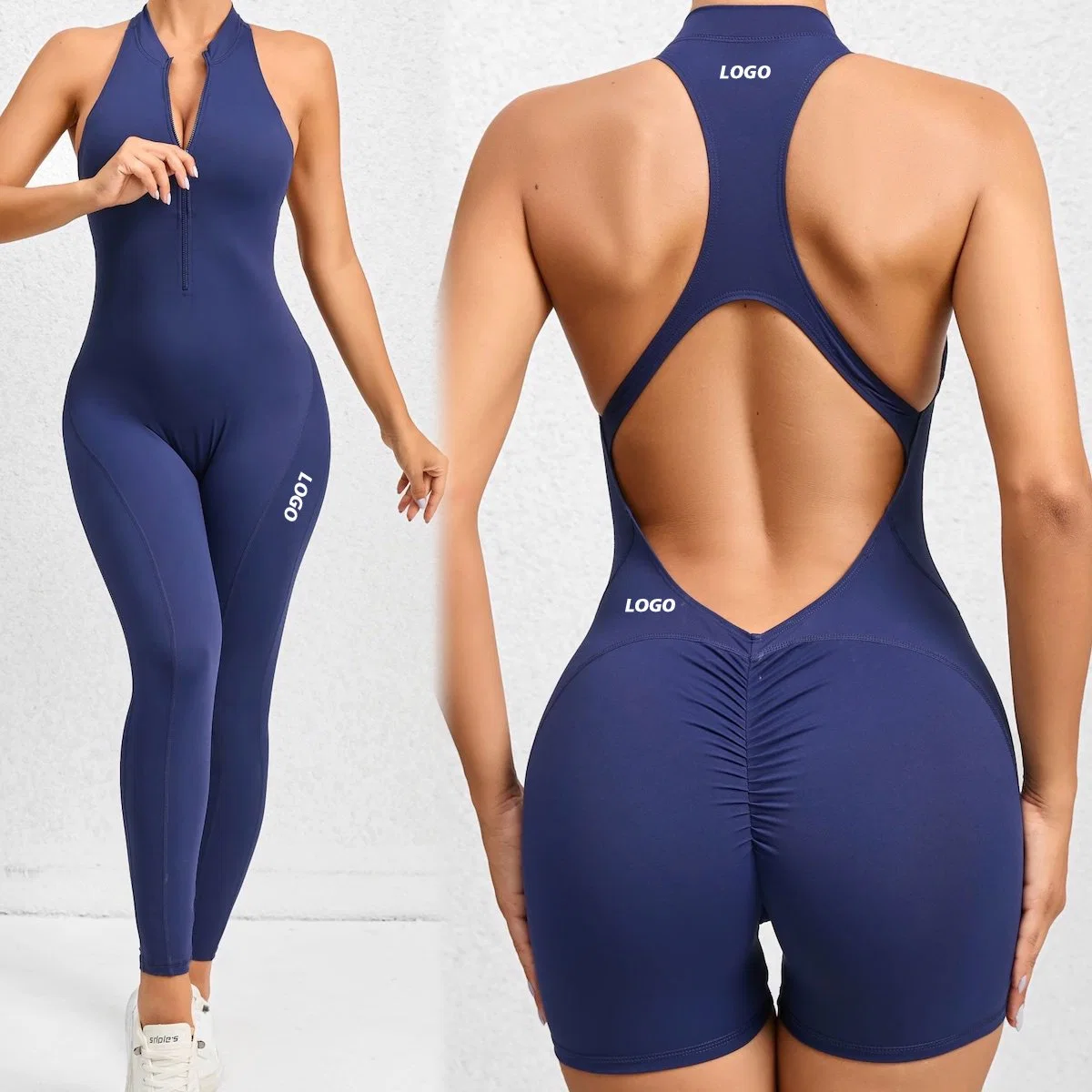 New Trendy Scrunch Booty Zip up Fron Sportswear One-Piece Open Back Workout Jumpsuit for Ladies, Sexy Romper Playsuit Backless Yoga Bodysuit Leotard