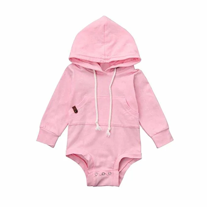 Newborn Infant Baby Clothes Boy Girl Hooded Romper Sweatshirts Drawstring Pockets Solid Long Sleeve Baby Goods