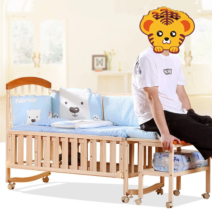 Pine Solid Wood Children's Crib Solid Wood Baby Furniture Cradle Baby Cot with Netting