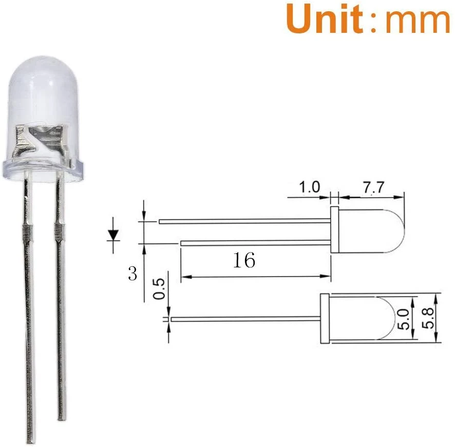 5mm LED Diode Lights Assortment (Clear Transparent Lens) Emitting Lighting Bulb Lamp Assorted Kit Variety Colour Warm White Red Yellow Green Blue Orange