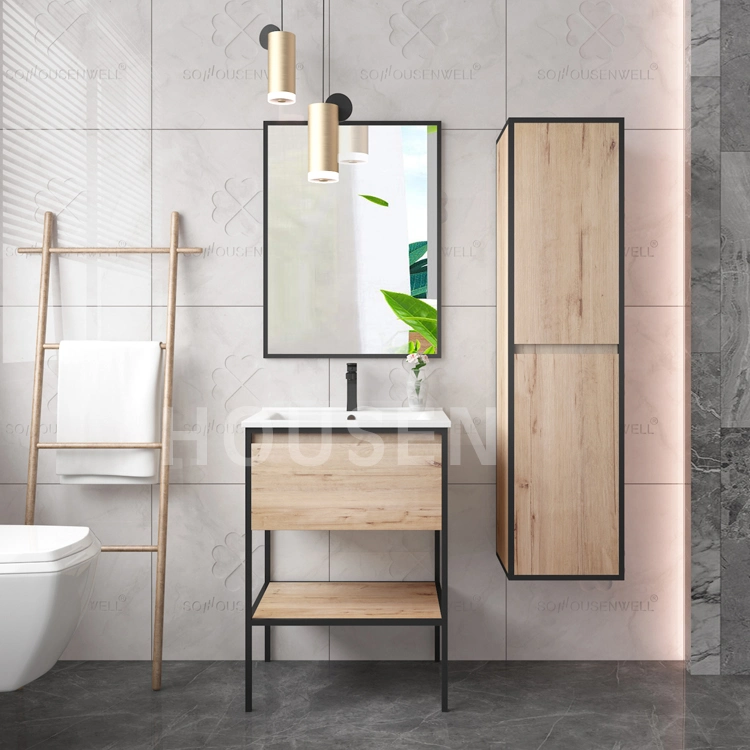 Luxury Nordic Style Black Frame Structure Bathroom Furniture Hotel Homestay Mirami Wood Grain Bathroom Cabinet