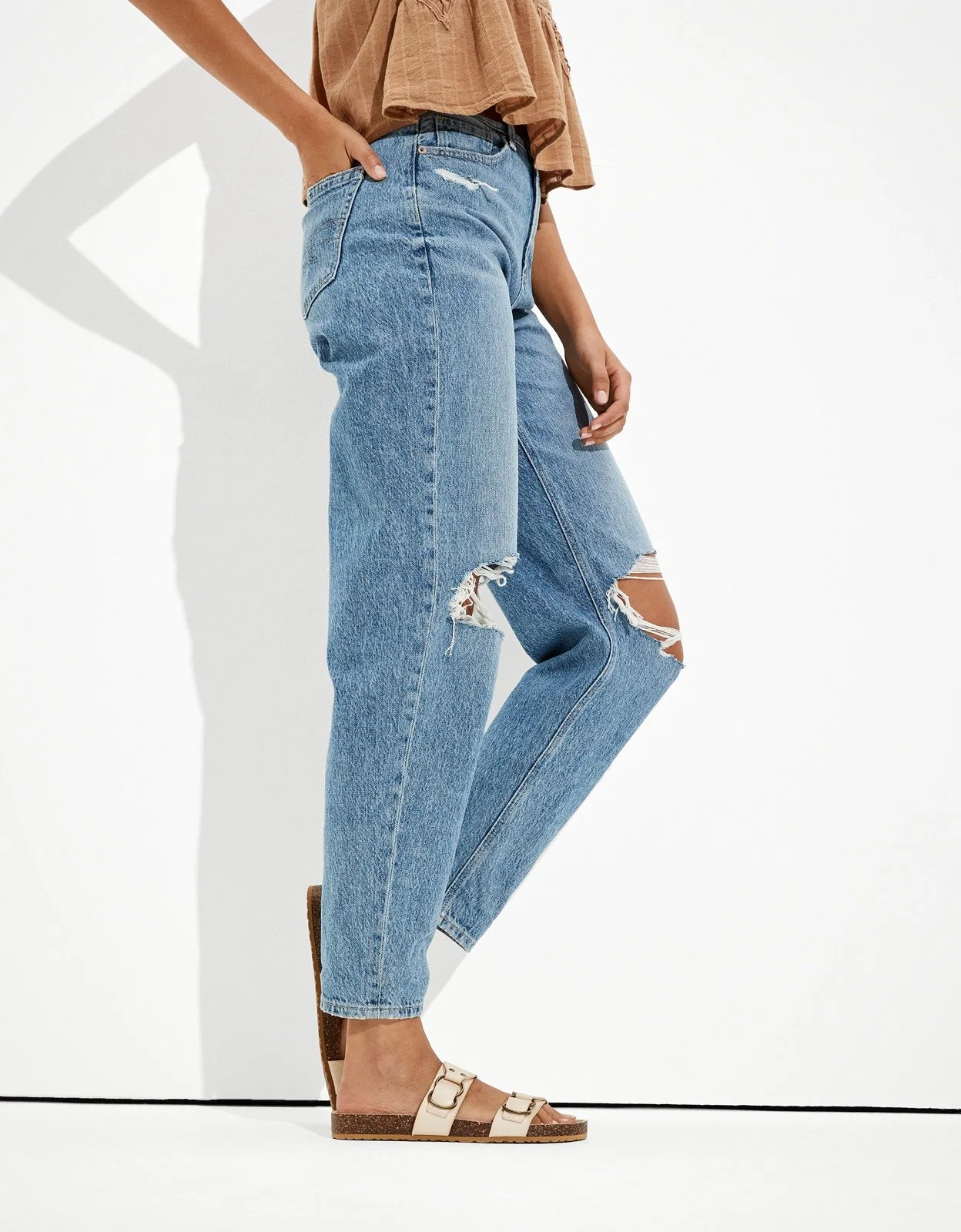 Großhandel Damen High-Waisted Gerissen Entspannt Volle Länge Mama Denim Hose Jeans