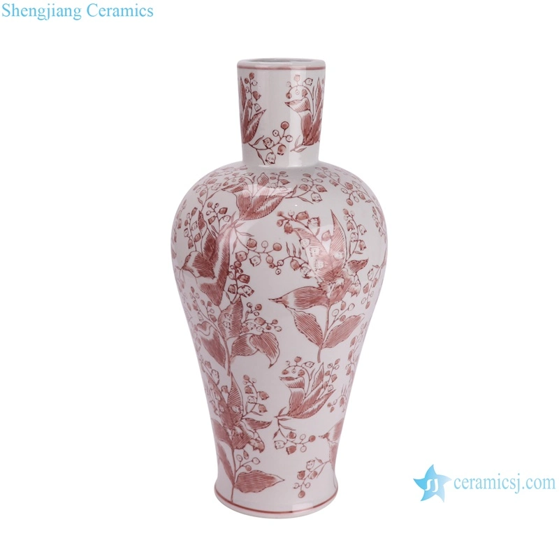 Modern Style Red Long Neck Leaf Pattern Chinese Blue and White Ceramic Flower in Vase