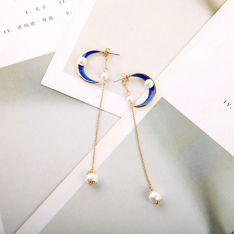 Fine Jewelry 925 Silver Moon Shape Design Enamel Pearl Earrring