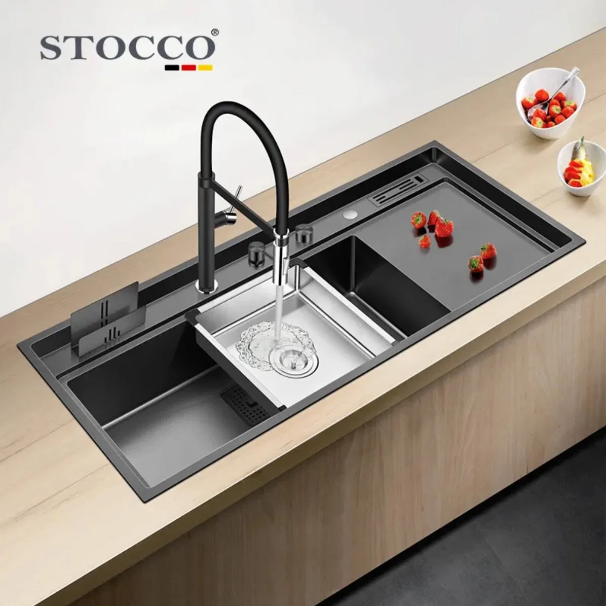 SUS304 Acero inoxidable de alta calidad de la cocina hecha a mano conjunto de fregadero con Smart Control de tapa oculta