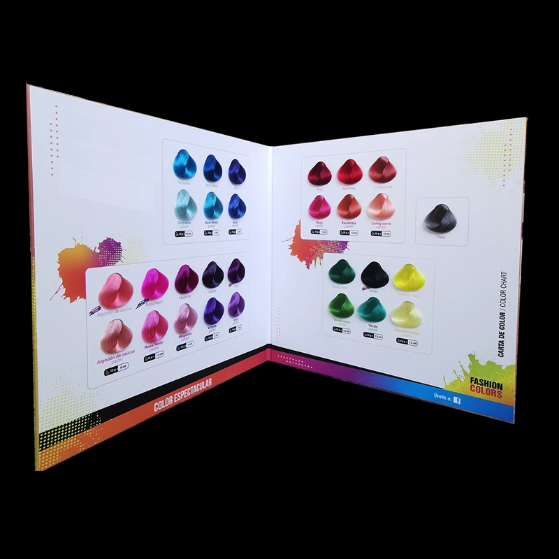 Tabla de colores de cabello multicolores con muestras en bucle, catálogo de promoción profesional