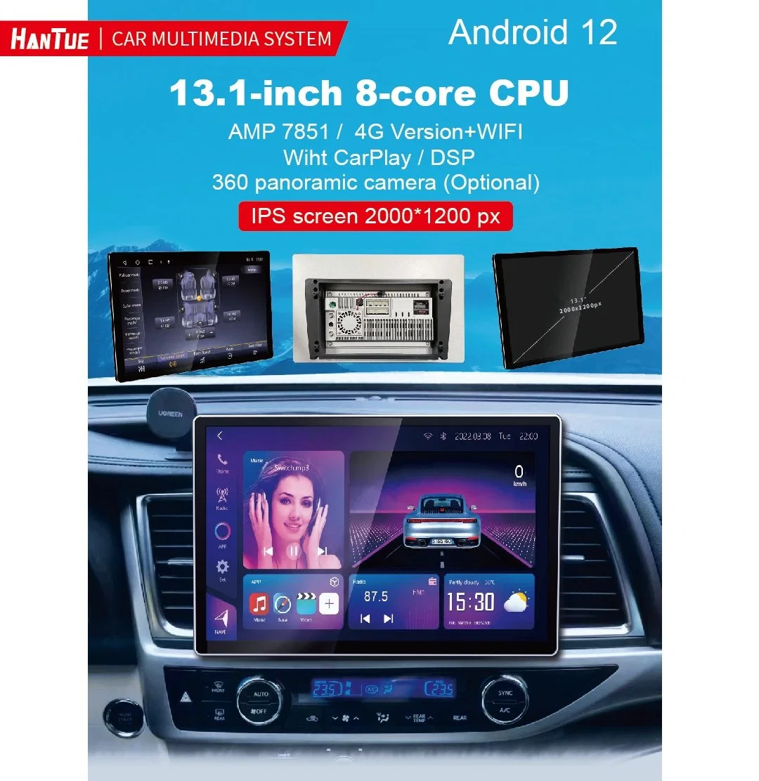 13.1 pouces Autoradio Android Écran IPS/Qled 2000*1200 13 pouces Android 12 pour 2 DIN Universel Carplay Auto Lecteur DVD de voiture