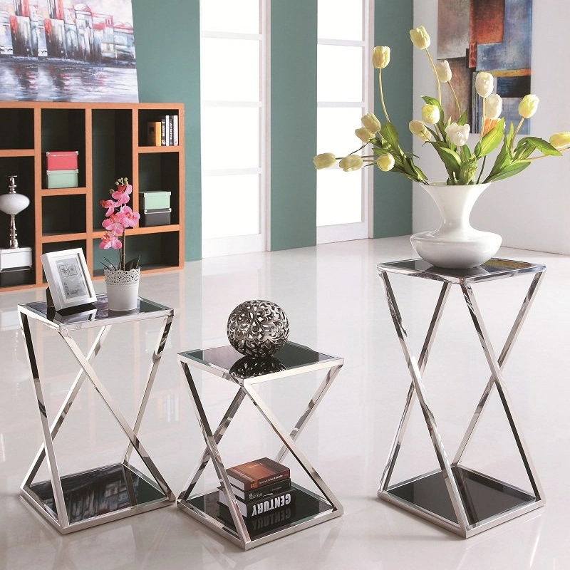 Simple Sunlink 3 Pieces Square Display Stainless Steel Side Table Set Glass Flower Stand