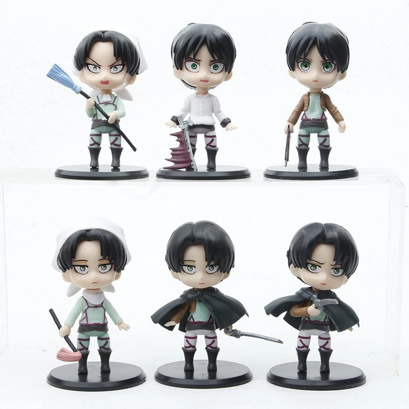 Comercio al por mayor de 10cm de juguete de dibujos animados 6pzas Ataque a la Titan Anime figura juguetes Levi Mikasa Ackerman figura de acción Eren Modelo Jager