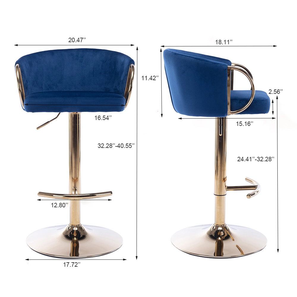 Modern Adjustable Bar Stools with Swivel Bar Chair with Golden Chrome Footrest, Base, Velvet, Set of 2, Blue