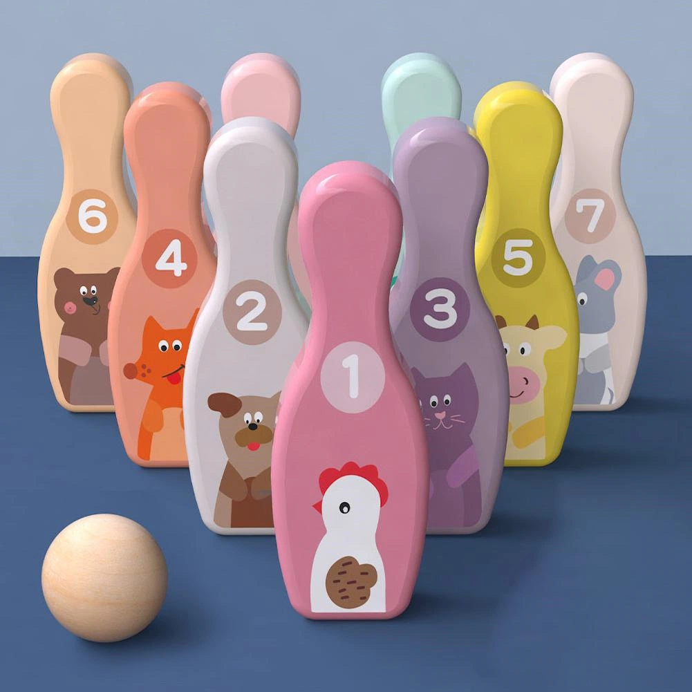 Kids Wooden Cute Cartoon Animal Bowling Pins Balls Sport Toy Indoor Garden Interactive Game