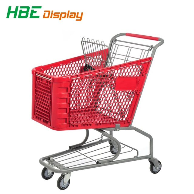 Supermarket Grocery Plastic Hand Push Trolley Shopping Cart with Plastic Basket
