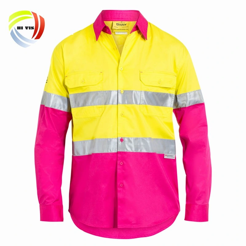 Custom Two Tone 100% Cotton Drill Light Weight Long Sleeve Work Uniform Reflective Safety Hi Vis Workwear for Men