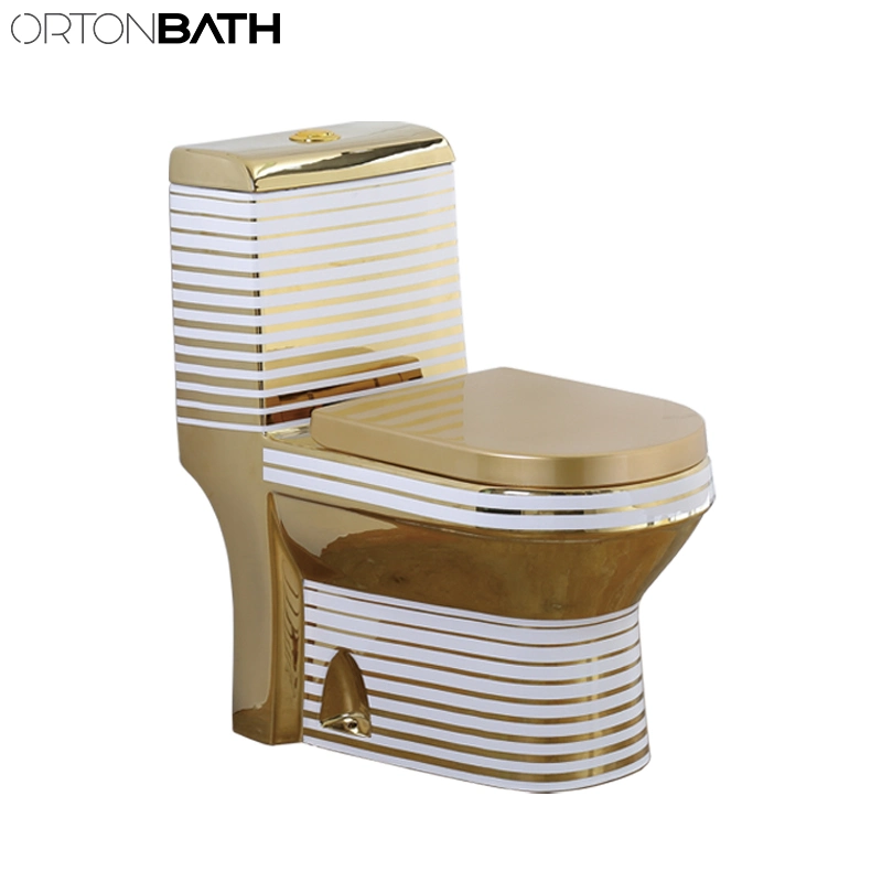 Ortonbath Saso Middle East Wash Down Gold White Lines Electroplating Bathroom Commode Set Floor Standing One Wc Toilet with Seat Cover Bowl Accessories